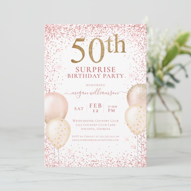 Pink Gold Glitter Surprise 50th Birthday Invitation (Standing Front)