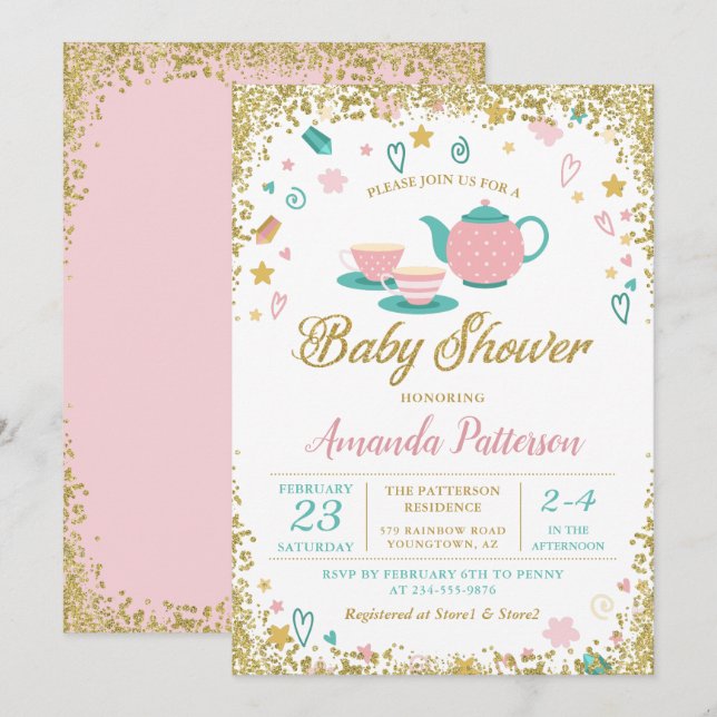 Pink Gold Glitter Tea Party Baby Shower Invitation (Front/Back)