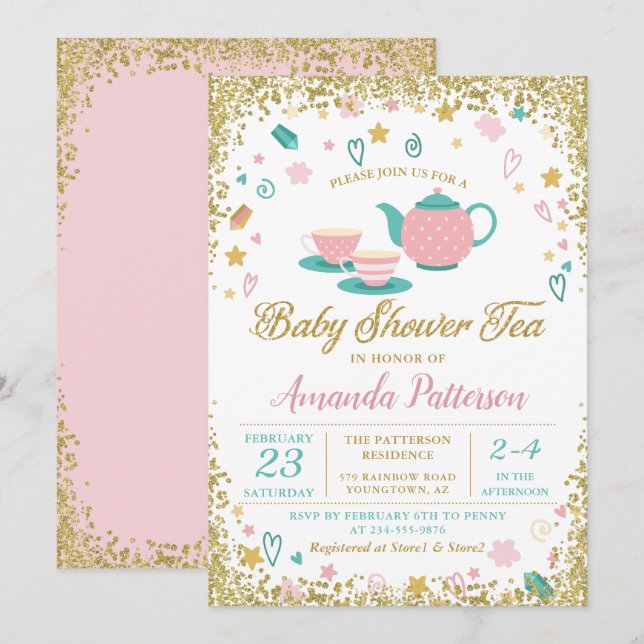Pink Gold Glitter Tea Party Baby Shower Invitation (Front/Back)