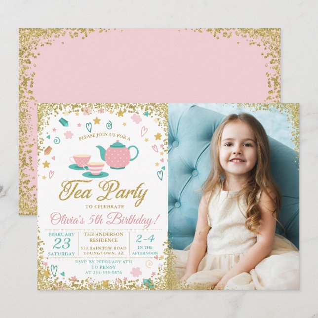 Pink Gold Glitter Tea Party Girls Birthday Photo Invitation (Front/Back)