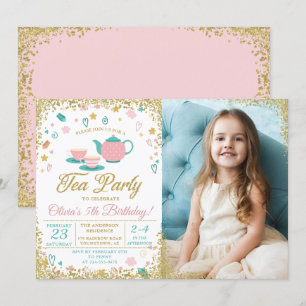 Pink Gold Glitter Tea Party Girls Birthday Photo Invitation