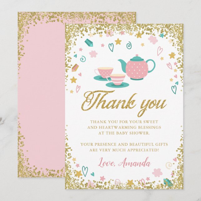 Pink Gold Glitter Tea Party Thank You Card (Front/Back)