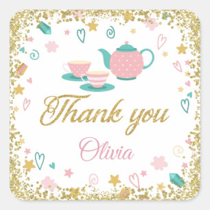 Pink Gold Glitter Tea Party Thank You Square Sticker