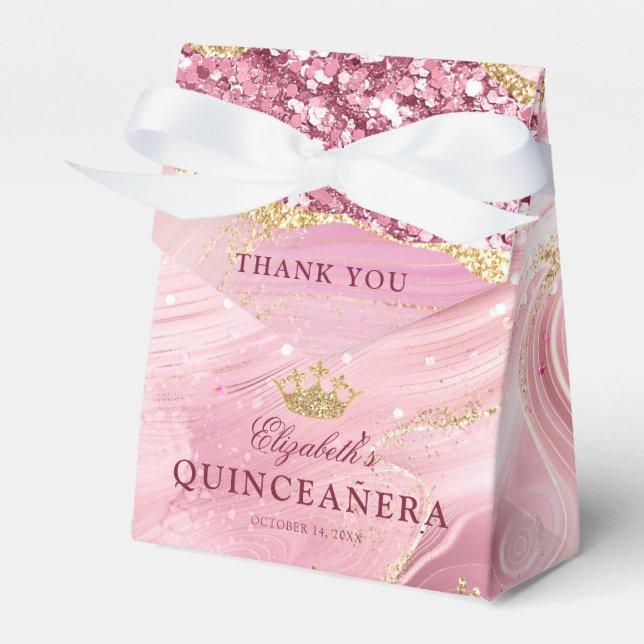 Pink Gold Glitter Tiara Agate 15th Quinceañera Favour Box (Front Side)