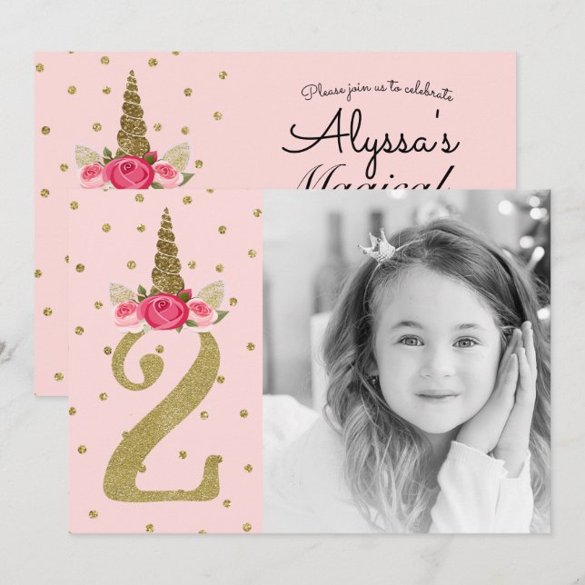 Pink Gold Glitter Unicorn 2 2nd Birthday Party Invitation (Front/Back)