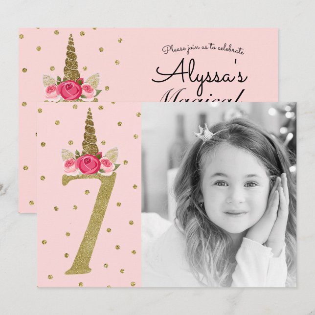 Pink Gold Glitter Unicorn 7 7th  Birthday Party Invitation (Front/Back)
