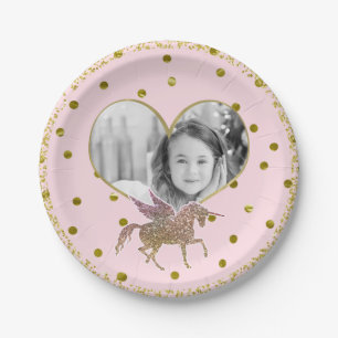 Pink & Gold Glitter Unicorn Birthday Party Photo Paper Plate