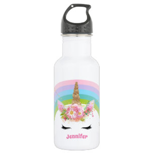 Pink Gold Glitter Unicorn Face Flowers Girls Gifts 532 Ml Water Bottle