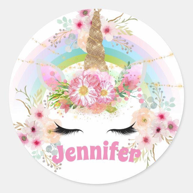 Pink Gold Glitter Unicorn Face Flowers Girls Gifts Classic Round Sticker (Front)
