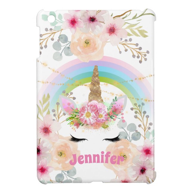 Pink Gold Glitter Unicorn Face Flowers Girls Gifts iPad Mini Case (Back)