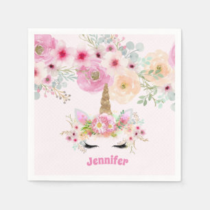 Pink Gold Glitter Unicorn Face Flowers Girls Gifts Napkin