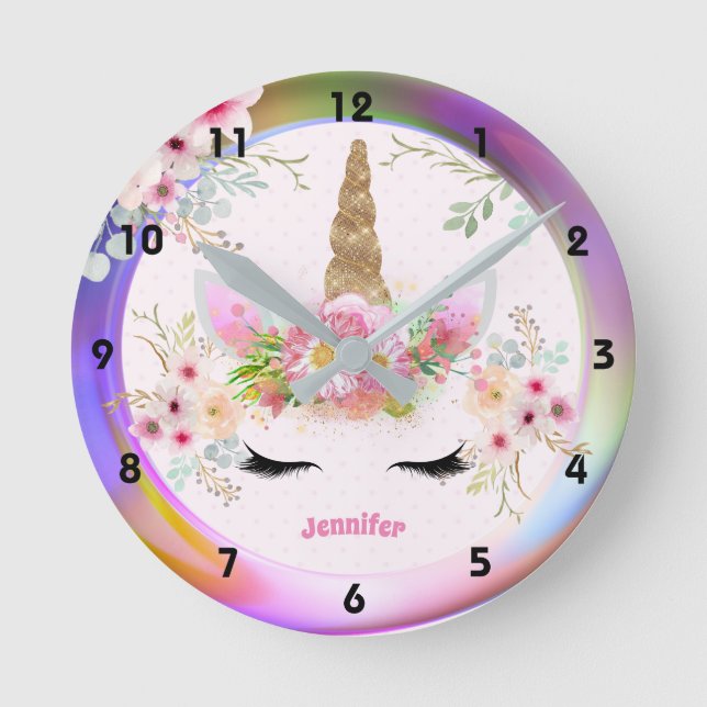Pink Gold Glitter Unicorn Face Flowers Girls Gifts Round Clock (Front)
