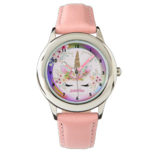 Pink Gold Glitter Unicorn Face Flowers Girls Gifts Watch