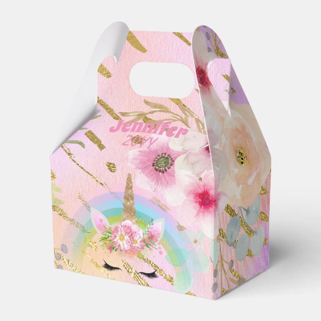 Pink Gold Glitter Unicorn Face Girl Birthday Party Favour Box (Front Side)