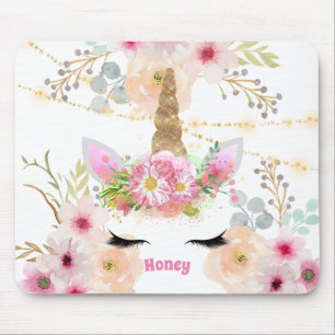 Pink Gold Glitter Unicorn Face Trendy Girls Gift Mouse Mat
