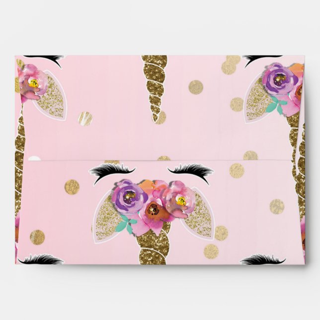 Pink & Gold Glitter Unicorn Floral Horn Birthday Envelope (Back (Top Flap))