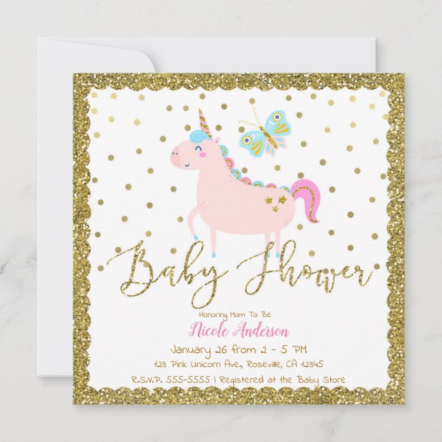 Pink & Gold Glitter Unicorn Girls Baby Shower Invitation (Front)