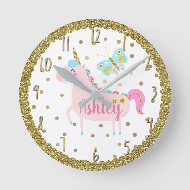 Pink & Gold Glitter Unicorn Girls Bedroom Nursery Round Clock (Front)