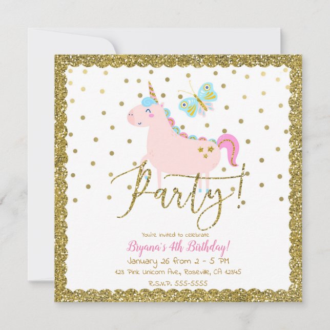 Pink & Gold Glitter Unicorn Girls Birthday Party Invitation (Front)