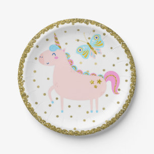 Pink & Gold Glitter Unicorn Girls Birthday Party Paper Plate