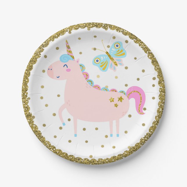 Pink & Gold Glitter Unicorn Girls Birthday Party Paper Plate (Front)