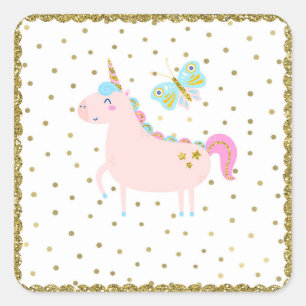 Pink & Gold Glitter Unicorn Girls Birthday Party Square Sticker