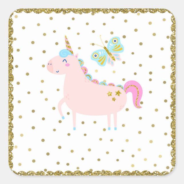 Pink & Gold Glitter Unicorn Girls Birthday Party Square Sticker (Front)