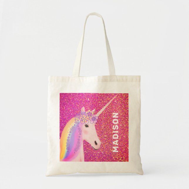 Pink Gold Glitter Unicorn Rainbow Girly Customised Tote Bag (Front)