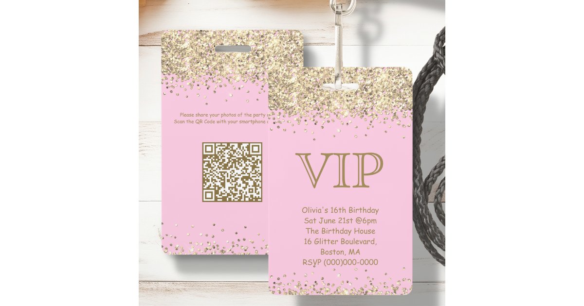 Pink & Gold Glitter | VIP Birthday Invitation ID Badge | Zazzle