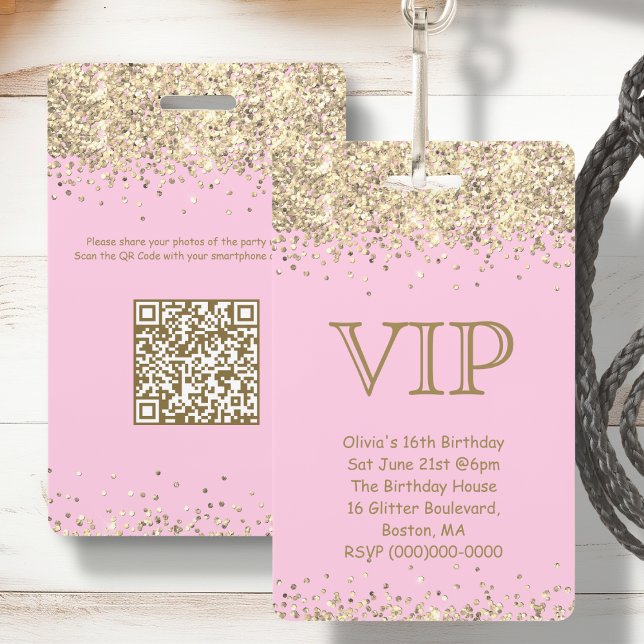 Pink & Gold Glitter | VIP Birthday Invitation ID Badge (Creator Uploaded)