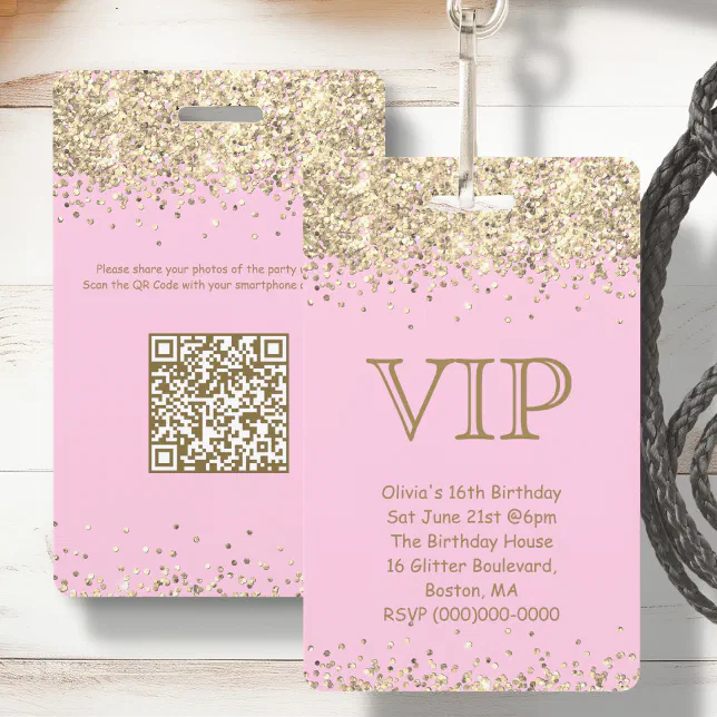 Pink & Gold Glitter | VIP Birthday Invitation ID Badge | Zazzle