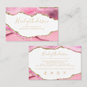 Pink & Gold Glitter Watercolor Gilded Agate Business Card
