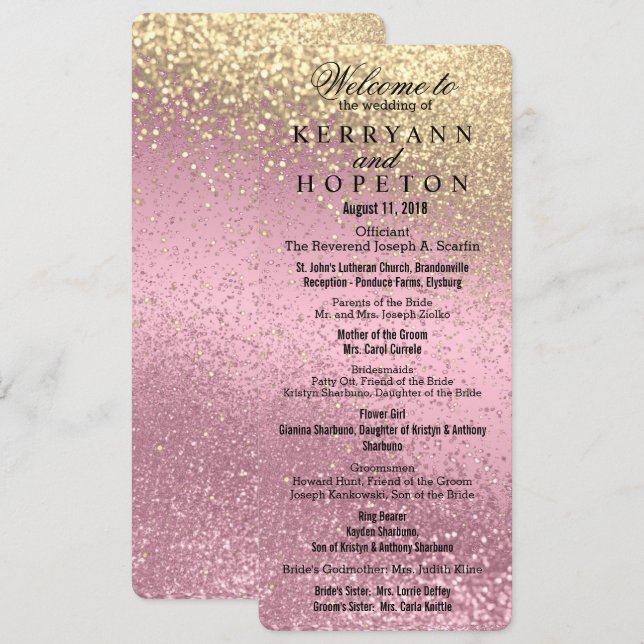 Pink & Gold Glitter Wedding Ceremony  Programme (Front/Back)