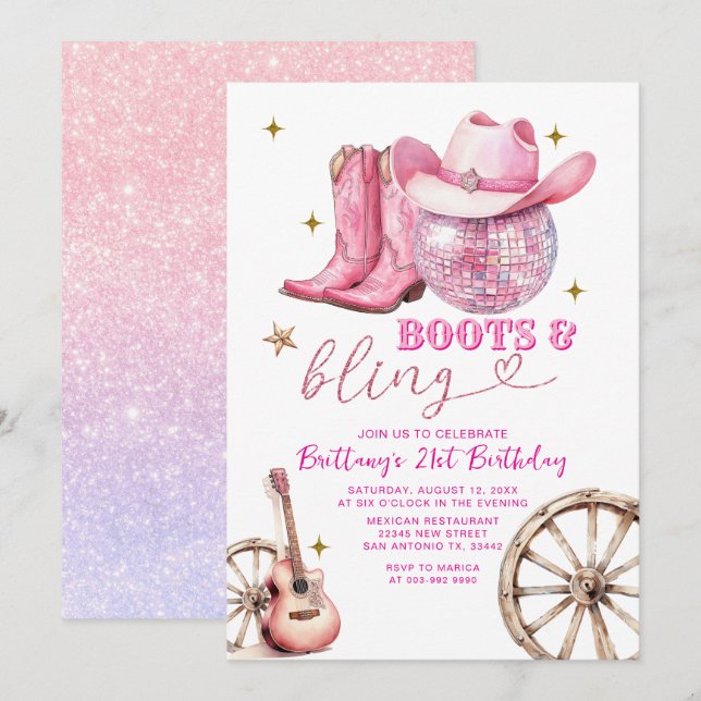 Pink Gold Glittter Boots and Bling 21st Birthday  Invitation (Front/Back)