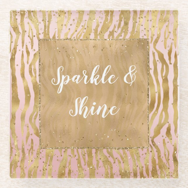 Pink Gold Glitz Sparkle Zebra Print           Glass Coaster (Front)