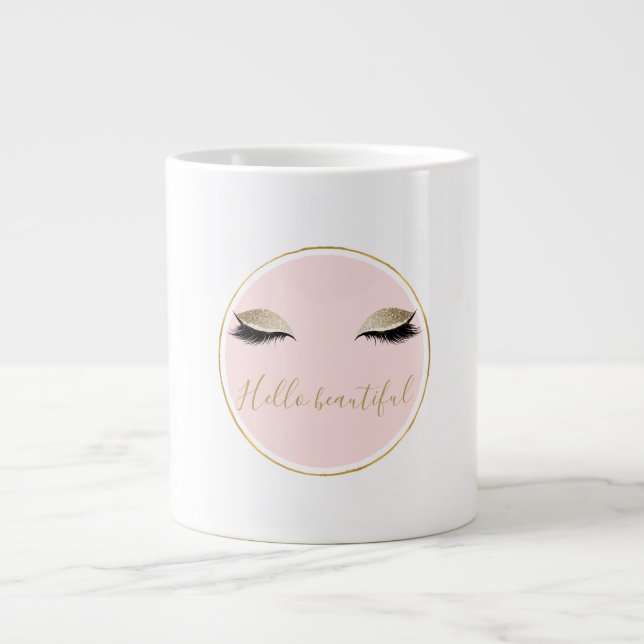 Pink Gold Glitzy Black Eyelashes Large Coffee Mug (Front)