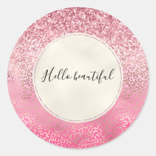 Pink Gold Glitzy Glitter Ombre Leopard Print Classic Round Sticker