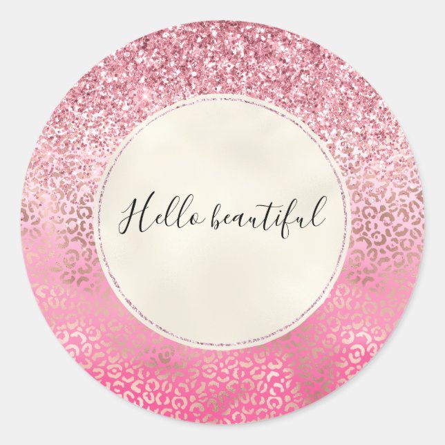 Pink Gold Glitzy Glitter Ombre Leopard Print Classic Round Sticker (Front)
