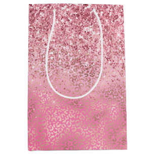 Pink Gold Glitzy Glitter Ombre Leopard Print Medium Gift Bag