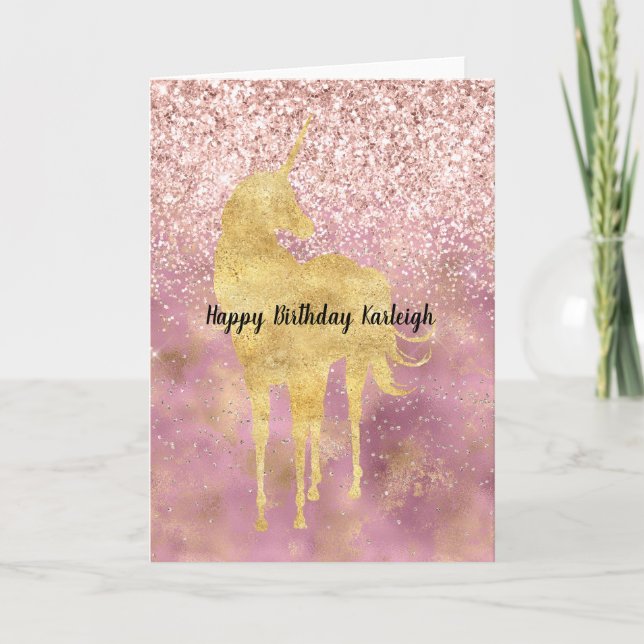 Pink Gold Glitzy Glitter Unicorn Card (Front)