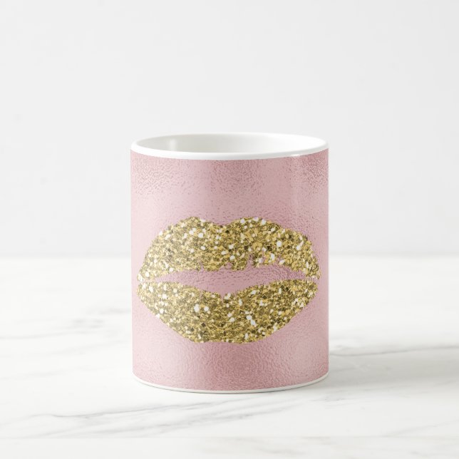 Pink Gold Glitzy Kiss Lips Coffee Mug (Center)