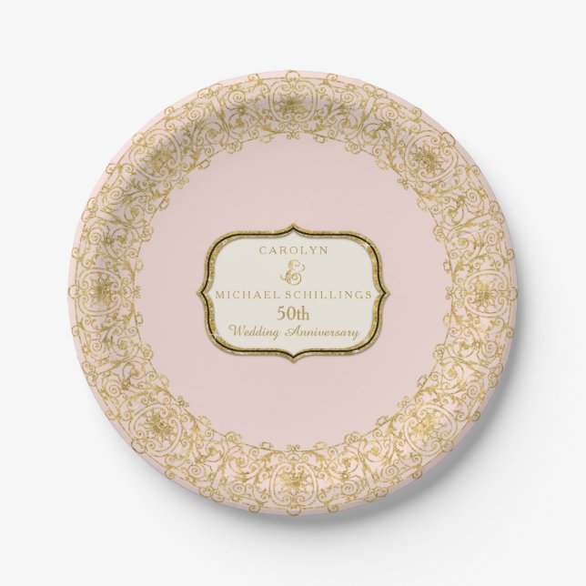 Pink Gold Golden 50th Wedding Anniversary Party Paper Plate (Front)