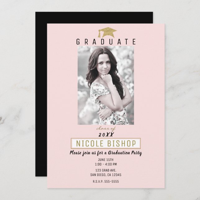 Pink Gold Graduate Photo Modern Graduation Party  Invitation (Front/Back)