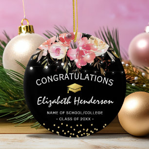 Pink & Gold Graduation Cap Ceramic Tree Decoration