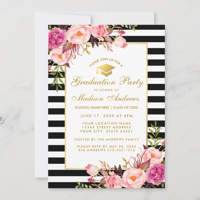 Pink Gold Graduation Party Striped Invitation (Front)
