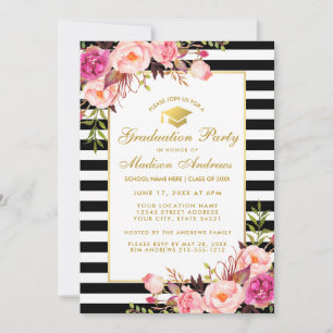 Pink Gold Graduation Party Striped Invitation