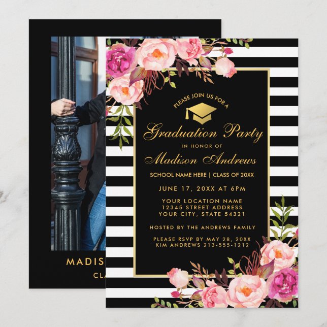 Pink Gold Graduation Striped Invite - Photo Back (Front/Back)