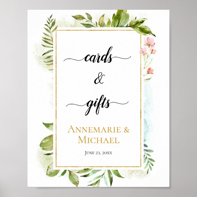 Pink Gold Green Botanicals "Cards & Gifts" Sign (Front)