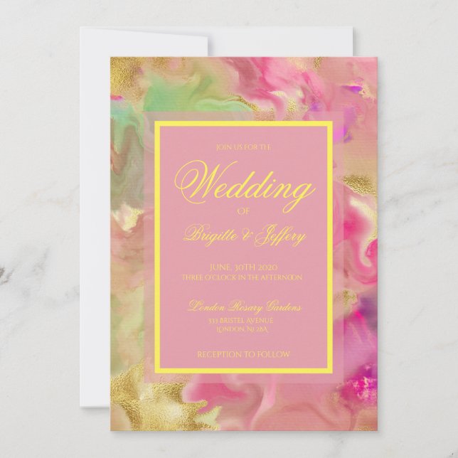 Pink, gold, green ink wedding invitations  (Front)