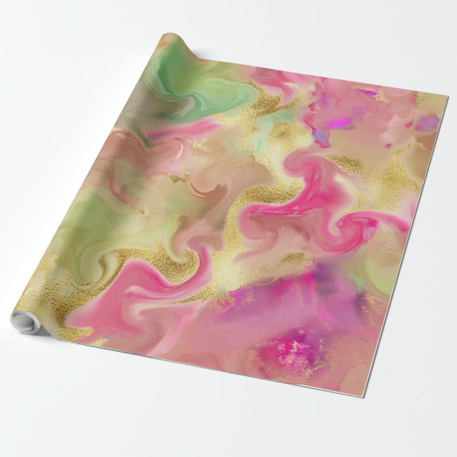 Pink, gold, green, marble print wrapping paper (Unrolled)